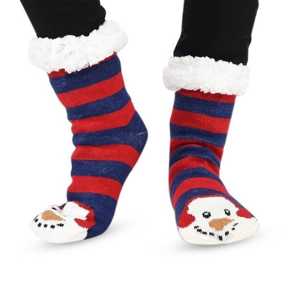 Snowman and Reindeer Pattern Sherpa Lined Slipper Socks Sz 5-10 Anti Slip Rubber - Picture 1 of 6